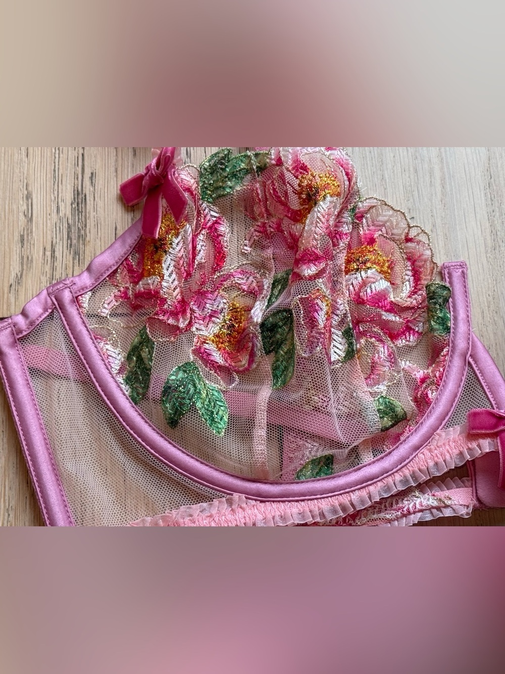 RARE For Love & Lemons Floral Embroidered Sheer Lace Underwire Bra Pink XL NWT - Picture 4 of 7